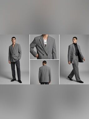 Zara Men's Double-Breasted Light Gray Suit Blazer